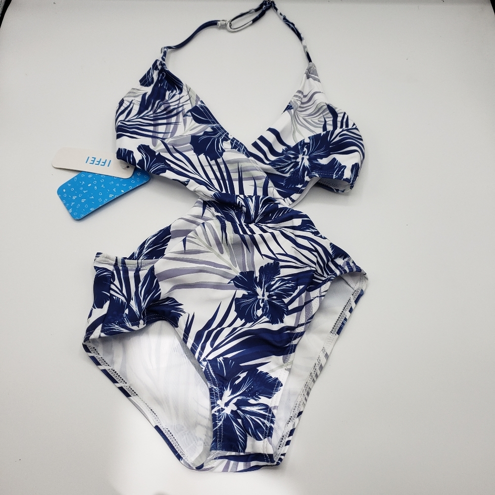 Iffei Girls One Piece Swimsuit Floral Tropical Halter size 4-5 Y